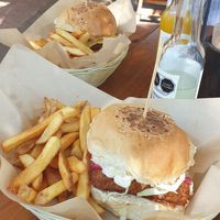 Crispy tofu burger with fries at Mango y Chile in Bacalar