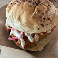 Burger with tofu and coleslaw  at Mango y Chile in Bacalar