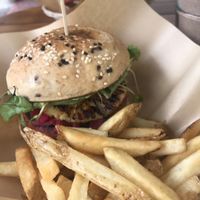 Mayan burger with fries  at Mango y Chile in Bacalar