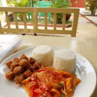 Veggies of the day with double rice (5.000 FCFA) at Loving Hut in Cotonou
