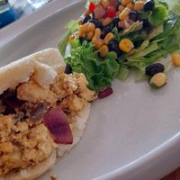 Arepa with scrambled tofu at Nagev in Evandale