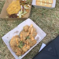 Cassava fries> jackfruit (?) and popcorn cauliflower @ the Adelaide vegan festival  at Nagev in Evandale