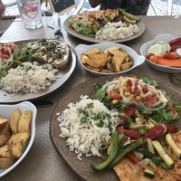 Portuguese style tofu with rice and salad.  at Ateliê 47 in Silves