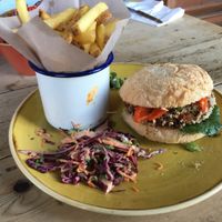 Vegan burger, slaw and fries at Pico Lounge in Glossop