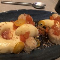 Desert.   Fresh apricots, mousse,  ice cream, Some kind of a sauce  and lemon cake. A spectacular pairing and very delicious at EVO Restaurant and Bar in Portland