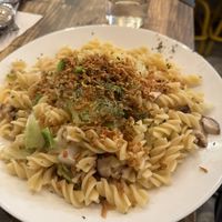 Vegan white sauce fussily with veggies and dried shredded tofuu  at Ohms Cafe & Bar in Hong Kong Island