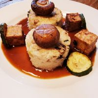 Sauteed rice with mushrooms and tofu in tamari sauce at Peckish Cafe in Ennis