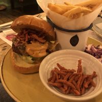 Beyond Burger cheeseburger with added vegan bacon pieces at Faro Lounge in Lichfield