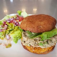 Winter sweet potatoes burger special with salad at Blondie's Vegan in Boynton Beach