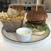 Beyond burger with fries  at Vegan Kiosk in Bratislava