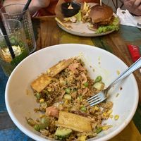 Poke bowl and seitan “kfc” burger. Was incredible (sorry for the photo we were starving)   at Vegan Kiosk in Bratislava