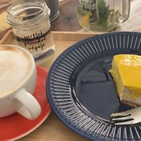 Lemon cheesecake with Cappuccino   at Vegan Kiosk in Bratislava
