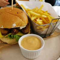 The Slovakian burger with fries and a chipotle dressing. at Vegan Kiosk in Bratislava