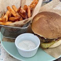 Burger with sweet potatoes and horseradish-mayo dip   at Vegan Kiosk in Bratislava