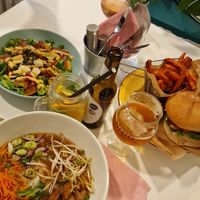 Pho, pumpkin salad, vlad tempeh burger at Vegan Kiosk in Bratislava