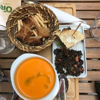 Gazpacho and Falafel mini burger tapas  at Organic's in Sevilla