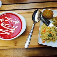 tapas of salmorejo and falafel  at Organic's in Sevilla