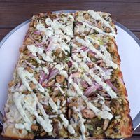 Mushroom and onion pesto pizza with a delicious drizzle.  I did a side of marinara too, and it tied it all together. at Pie-Sci in Detroit