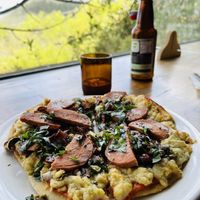 Pizza with Ham, Mushrooms and Coconut Bacon  at Tandana in Quito