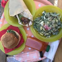 Burger, burrito and salad at Sara Green in Bucharest