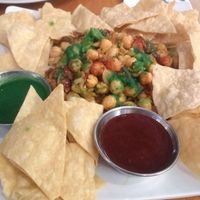 Vegan Chana chat appetizer was yummy! I think the chips may have been lentil based but I'm not sure. If you order, be sure to specify vegan or else it will come with dairy  at Lazeez Indian-Mediterranean Grill in Las Vegas