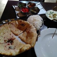 Curry, rice and naan at Sanskruti Restaurant in Liverpool