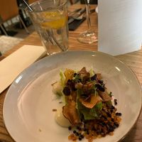 Jerusalem artichoke: a mousse and crisps made from this root vegetable with some romaine lettuce and crispy lentils, topped off with a charcoal vinaigrette. My favorite dish!  at BROEI in Utrecht