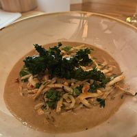 Celeriac: Celeriac “noodles” with a mushroom sauce, kale crisps and Italian parsley. A bit too salty for my liking.  at BROEI in Utrecht