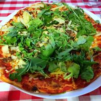 Vegan pizza with artichokes and asparagus at Pizzeria Napoli in Tampere