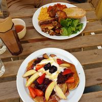 Fruit pancakes& english breakfast at The Canvas: Shoreditch in East London