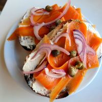 Bagel with cream cheese and "salmon" (made from carrots) at The Canvas: Shoreditch in East London