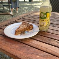 Orange polenta cake. Very nice but the edge was too hard to eat.  at Adelhaus in Freiburg