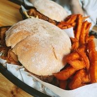 jackfruit burger and sweet potato chips at Mooshies in East London