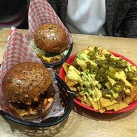 Loaded nachos, special burger with kimchi, fish burger  at Mooshies in East London