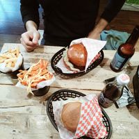 'what's ur beef' in a gluten-free bun, karma cola, cheesy sweet potato fries
'magic mushroom', notting hill pale ale, skin on fries  at Mooshies in East London