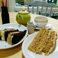 Tea with vegan cakes: Chocolate Vanilla and Biscoff. at LBs Cafe in Cirencester