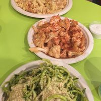 YUM! Mac n cheese, buffalo cauliflower, and pesto zucchini at True Earth Juicery & Vegan Cafe in North Hollywood