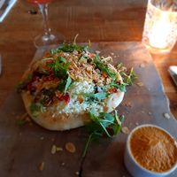 Flatbread with vegetables and vegan mozzarella at Natuurlijk in Egmond Aan Zee