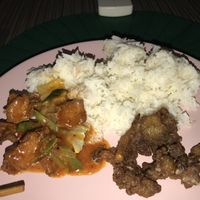 Left: Tom Yam vegetarian chicken, Right: buttered frog legs (fried mushrooms) at Hup Seng Heng Vegetarian in West Singapore