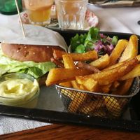 Vegan lentil burger w/ homemade mayo and fries at Lahodnosti in Poprad