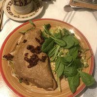 Vegan spelt wheat pancake with smoked tofu, arugula and sun dried tomatoes  at Lahodnosti in Poprad