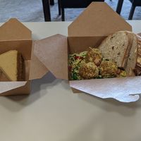 Carrot cake and spaghetti and meat balls at Raw Eatery & Market in Calgary