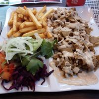Vegan plate with fries and salad at Rosin's Imbiss in Lindau