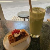 Blueberry-cocos cake and cold matcha latte  at Pepstop - Riddargatan in Stockholm