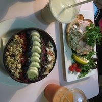 açaí bowl, ginger jack juice, open salmon sandwich & nutty proffered milkshake  at Hula Juice Cafe in Edinburgh