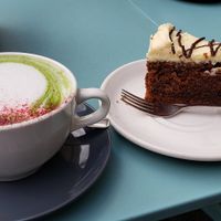 Matcha latte and carrot cake at Hula Juice Cafe in Edinburgh