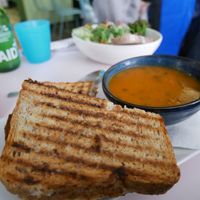 Tomato soup and a toastie with aubergine, onion, bell pepper and hummus at Hula Juice Cafe in Edinburgh