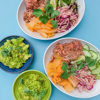 x2 teriyaki jackfruit and kimchi bowls with avocado smash at Hula Juice Cafe in Edinburgh