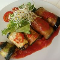 Dish of the day. Rollitos de berenjena veganos - Vegan aubergine rolls. at Vegi in Ibiza