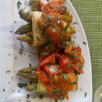Starter Asparagus wrapped in white Eggplant. Delicious 🙌  at Sea Vibe in Santorini